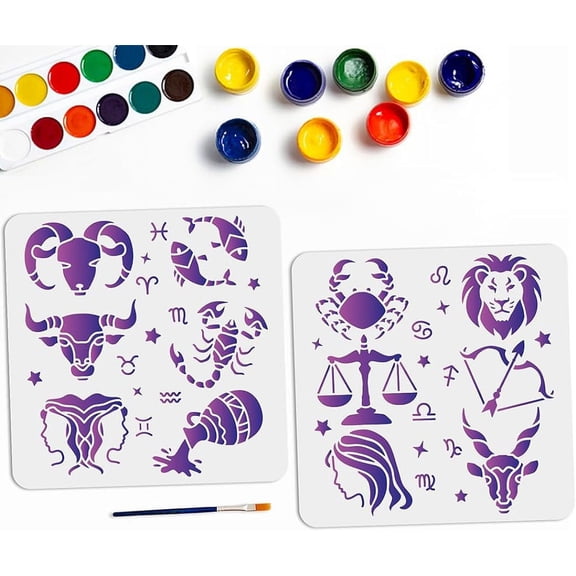 2pcs 12 Zodiac Signs Stencil 12 Constellations Craft Stencil with Paint Brush Astrology Horoscope Template