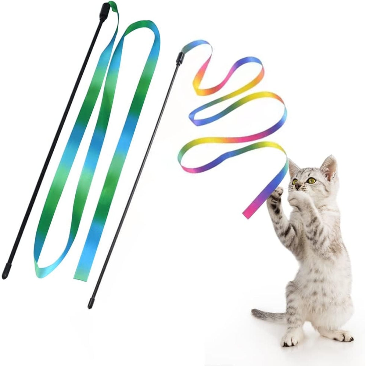 2pcs 120cm Cat Stick Toy, Rainbow Ribbon Design, Interactive Teaser for