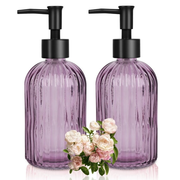 2pcs 13.5 oz Glass Soap Dispenser, Hand Press Hand Sanitizer Dispenser Bottle, Skin Care Body Wash Storage Bottle, Reusable, Purple