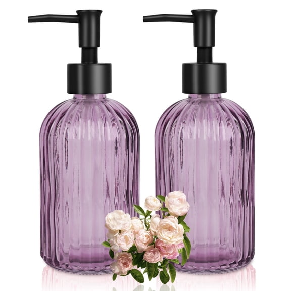 2pcs 13.5 oz Glass Soap Dispenser, Hand Press Hand Sanitizer Dispenser Bottle, Skin Care Body Wash Storage Bottle, Reusable, Purple