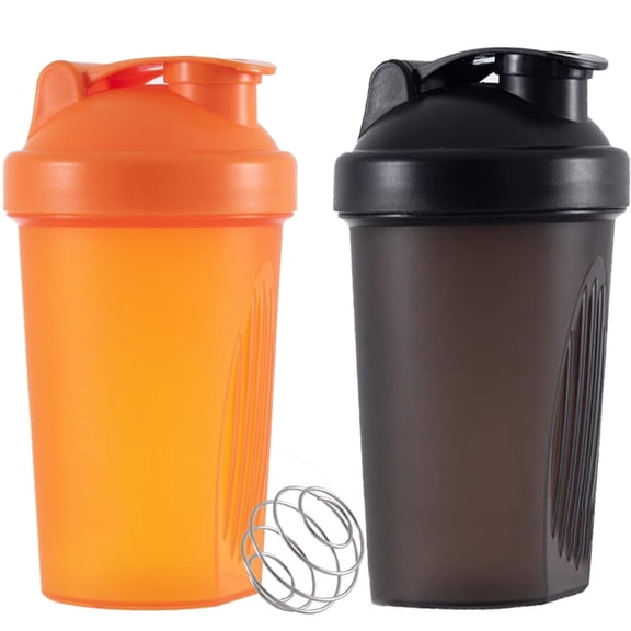 2pcs 13.5oz Shaker Bottle For Protein Powder Blender Plastic Workout Water Bottle with Non-Leak Cap Shaker Cups for Fitness Sports Gym Supplement Drinks Bottles（Black+Orange）