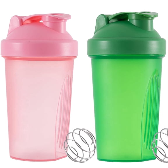 2pcs 13.5oz Shaker Bottle For Protein Powder Blender Plastic Workout Water Bottle with Non-Leak Cap Shaker Cups for Fitness Sports Gym Supplement Drinks Bottles(Green+Pink)