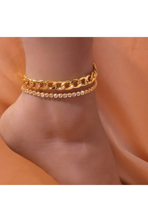 2pcs 14K Gold Anklet Jewelry Set Beach Accessories Simple Rhinestone Tennis Chain Anklet Bracelets for Women