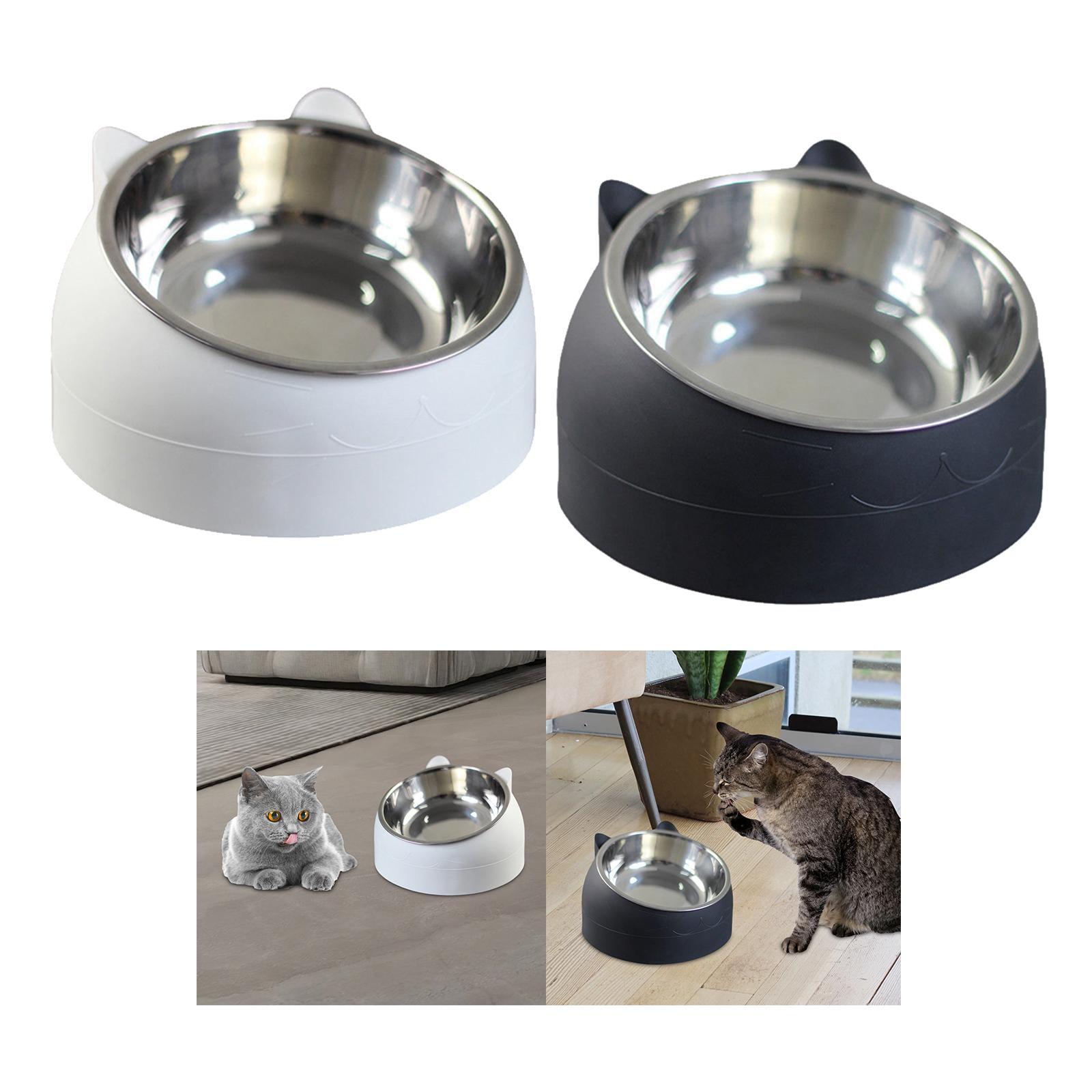 2pcs 15 degree Raised Puppy Kitten Cat Dog Bowls Container Tilted Elevated Water Feeder Non Slip Small Dogs Cats Drinking Pet Feeder Black White