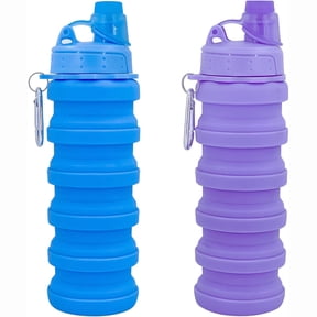 2pcs 16.7oz Collapsible Water Bottles Sports Portable Sport Water Bottle Reusable Water Bottles comes with mountaineering Buckle silicone Water-proof camping water bottle Blue+purple
