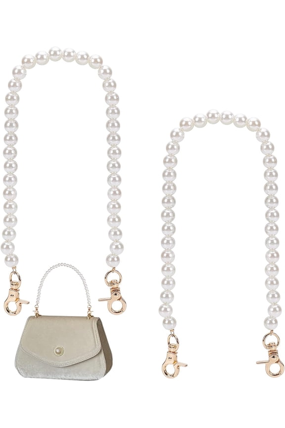 2pcs 16 inch Pearl Bead Bag Chains 10mm Imitation Pearl Bead Purse Strap Bag Chain Replacement Short Handbag Handles with Swivel Clasps for Bag Decoration Wallet Clutch Tote Bag DIY White