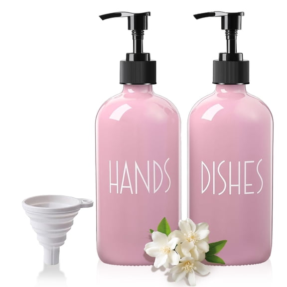 2pcs 16oz Pink Glass Soap Dispenser with White Funnel, Hand Soap Dispenser Bottle, Skin & Body Wash Storage Bottle, Reusable