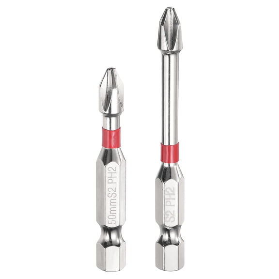 2pcs #2 Anti Slip Phillips Impact Screwdriver Bit PH2 1/4" Hex Shank 2+2.6" Magnetic Cross Head Drill Bits Mirror Chrome S2 Steel Screw Driver Power Electric Tools, Silver/Red