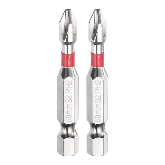 2pcs #2 Anti Slip Phillips Impact Screwdriver Bit PH2 1/4" Hex Shank 2" (50mm) Magnetic Cross Head Drill Bits Mirror Chrome S2 Steel Screw Driver Power Electric Tools, Silver/Red