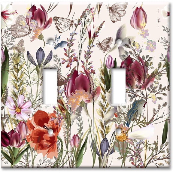 2pcs 2 Gang Toggle Decorative Metal Wall Plate - Flowers Butterflies - (Made in USA)