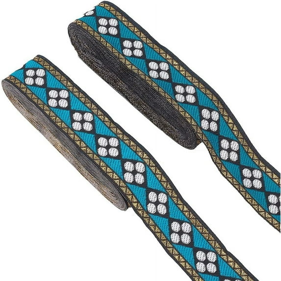2pcs 2 Rolls 7.6 Yards 1.2inch Fabric Embroidered Trim Vintage Jacquard Ribbon Rhombus Sewing Woven Trim Emobridered Woven Ribbon Fabric Embroidered Trim décor for Sewing Crafts Making Blue
