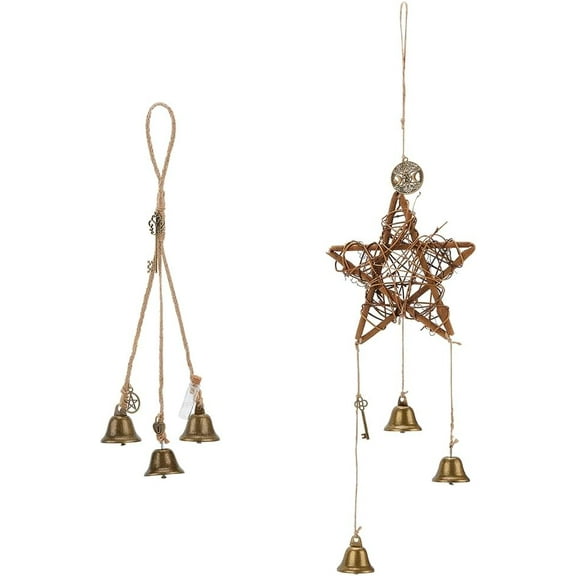 2pcs 2 style Brass & Iron Witch Bells Wind Chimes Door Hanging Pendant Decoration for Garden Home Decoration Bell Star Antique Bronze 345~550mm 1pc/style