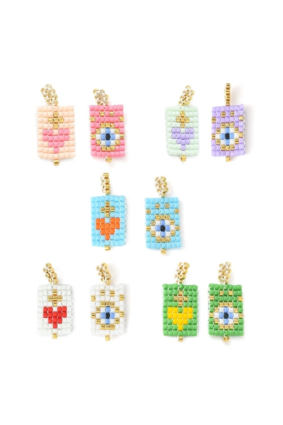 2pcs 2 style Handmade MIYUKI Japanese Seed Loom Pattern Seed Beads Rectangle with Heart Pendants Mixed color 23.5~24x10x2mm Hole: 2.5mm 1pc/color