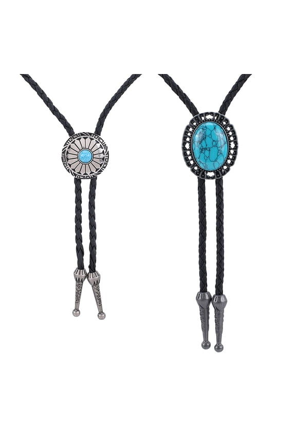 2pcs 2 style Imitation Leather Bolo Tie for Men Alloy Sweater Necklaces Turquoise Flower Oval Lariat Necklaces Black 40.94~41.73 inch(104~106cm) 1pc/style