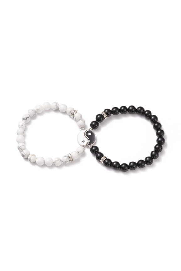 2pcs 2 style Natural Dyed & Heated Black Agate & Howlite Beaded Stretch Bracelets set Alloy Enamel Yin Yang Links Couple Bracelets for Best Friends Lovers Black