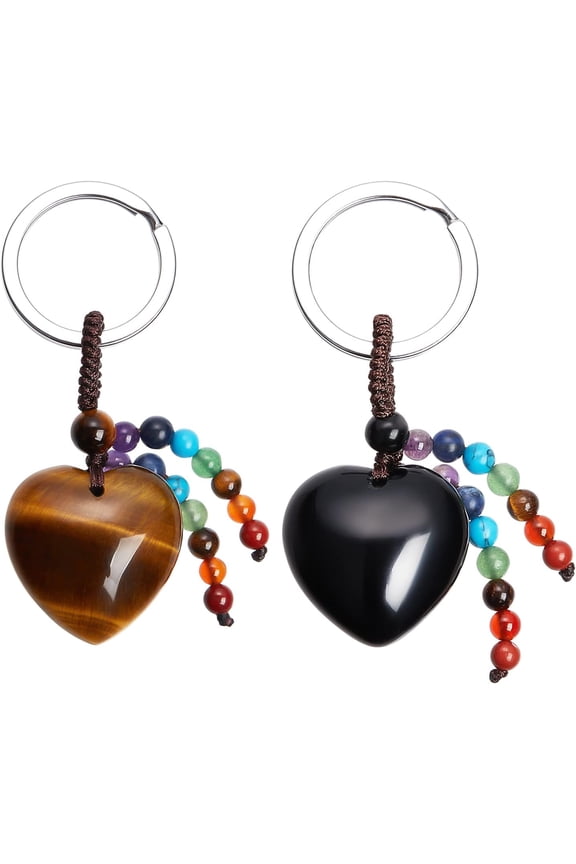 2pcs 2 style Natural Gemstone Keychain with Platinum Plated Alloy Key Rings Heart 6cm 1pc/style