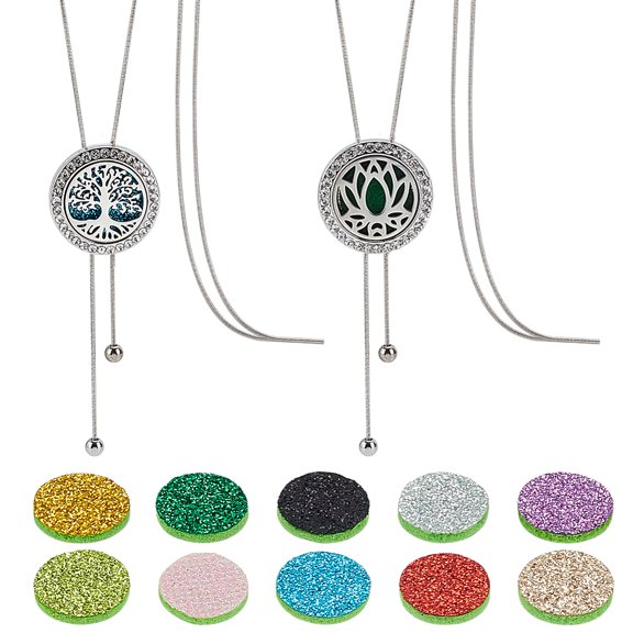 2pcs 2 styles Adjustable Stainless Steel Hollow Flat Round Diffuser Locket Pendant Lariat Necklaces with 20pcs Changeable Perfume Pads Stainless Steel color Mixed Shapes 18.11 inch(46cm) 1pc/style