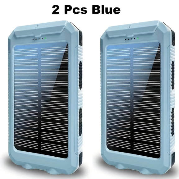 2pcs 20000mAh Solar Charger - Portable Dual USB Fast Charging External Battery Pack with LED Flashlight, Solar Panel Power Bank for Hiking Emergency Use