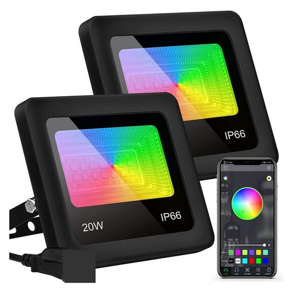 2pcs 20W RGB LED Flood Lights Outdoor Smart Floodlights 16 Million Colors 20 Modes For Landscape, Garden, Party ,Easy to Install