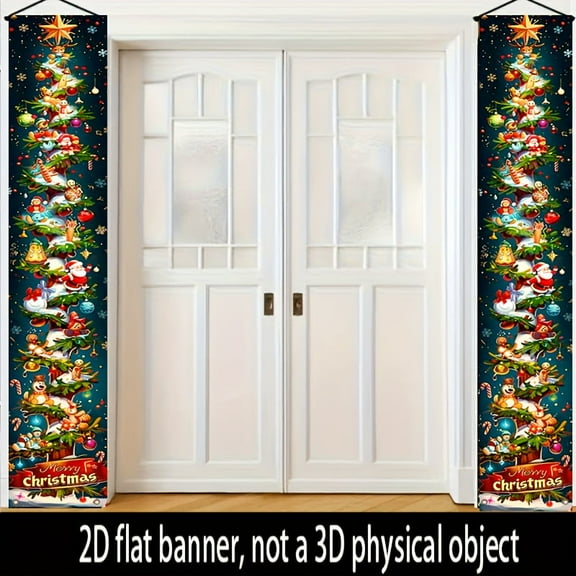 2pcs, 2D Flat/ Flat art decorative banner decorative couplets, Christmas tree Christmas happy design patterns, universal daily wall decorative couplets, elegant daily front door decoration, party ban