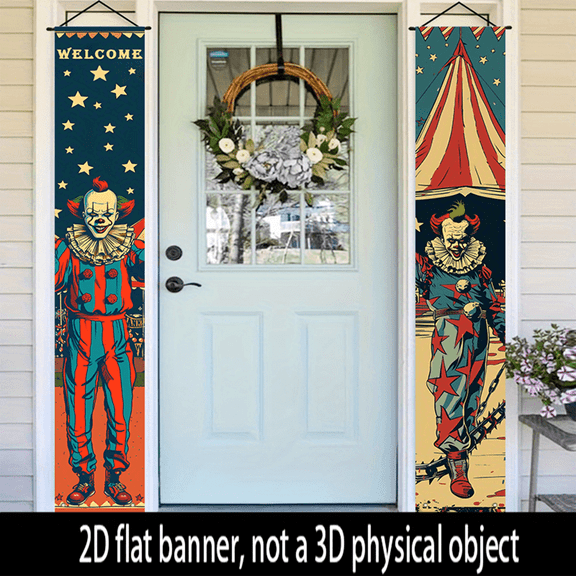 2pcs, 2D Flat/ Flat art decorative banner decorative couplets, Circus clown Halloween design patterns, universal daily wall decorative couplets, elegant daily front door decorations, party banners, d