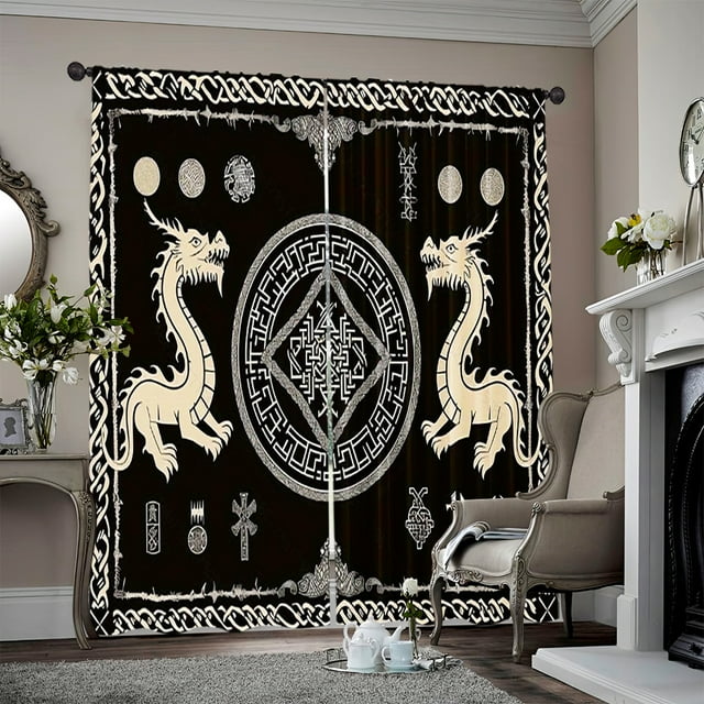 2pcs 2D flat Window Treatment Curtains Ancient Rune Dragon Totem Norse