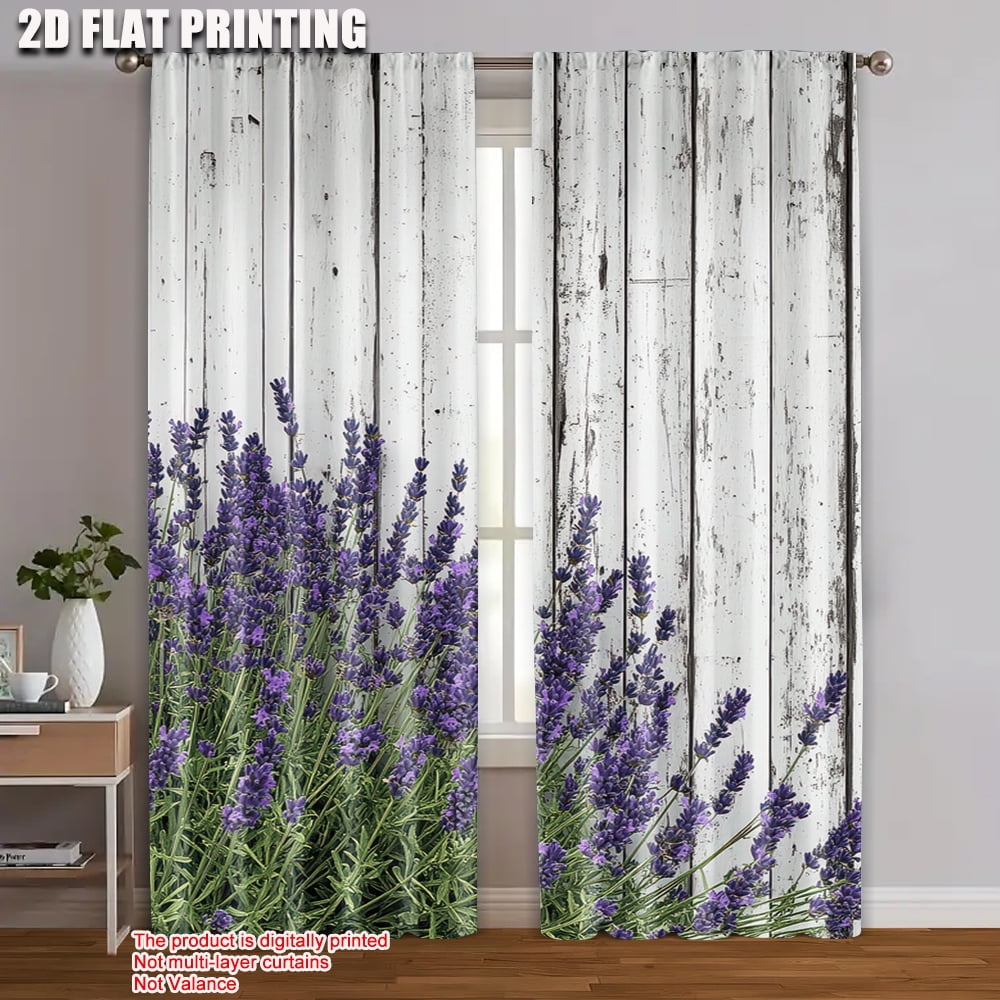 2pcs 2D flat printing Window Treatment Curtains Lavender Flowers White