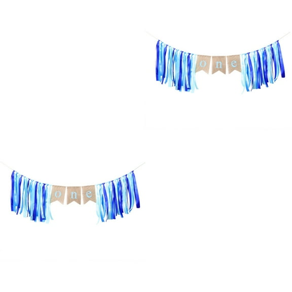 2pcs 2m ONE Birthday Banner with Ribbon First Birthday Decorations Burlap Highchair Banner for 1st Birthday Baby Boy (Blue)