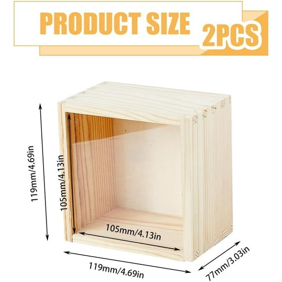 2pcs 2pcs Slide Square Wood box Unfinished Wood Storage box with Transparent Sliding Lid 11.9CM Visible Wood Gift box for Craft Storage and Decorative Organizer 4.7x4.7x3