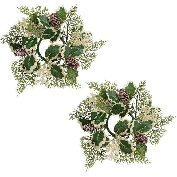 2pcs 3 Inch Center Artificial White Berry Pinecones Wreath Candle Holder Rings Centerpiece Christmas Table Decoration