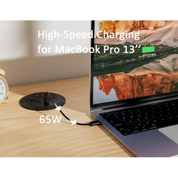 2pcs 3 Inch Desktop Power Grommet,GaN 65W USB C High-Speed Charging Station,3-USB Port,Flush Mounted for 3-1/8" Round Holes,Flat Plug.Desk Grommet Outlet for Workspace,Laptops,6.3ft,Black