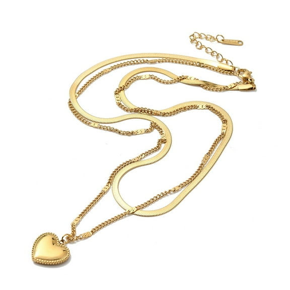 2pcs 304 Stainless Steel Herringbone & Curb Chains Double Layer Necklaces with Heart Pendants Golden 15.83 inch(40.2cm)