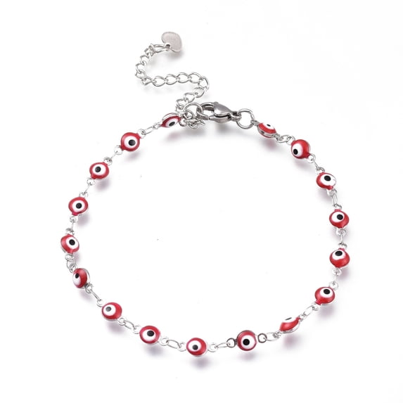 2pcs 304 Stainless Steel Link Bracelets with Enamel and Lobster Claw Clasps Stainless Steel color Red 7-7/8 inch(20cm)