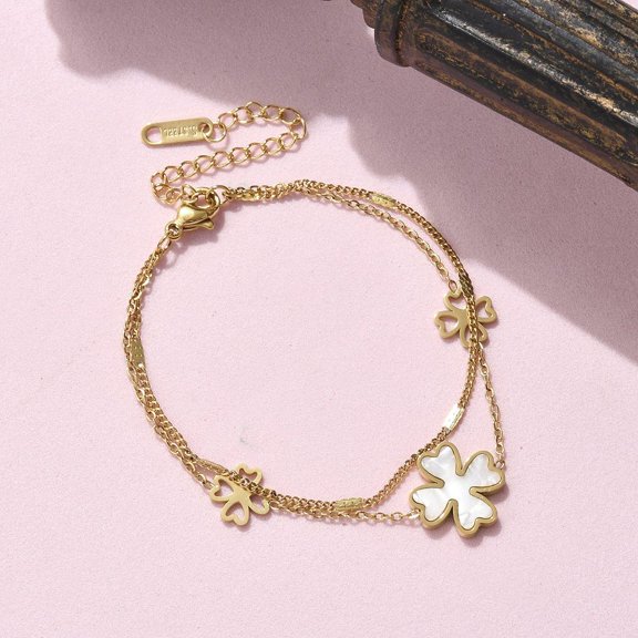 2pcs 304 Stainless Steel Shell Pearl Multi-strand Bracelets Cable & Curn Chain Bracelets for Women Clover Golden 6.57 inch(16.7cm)