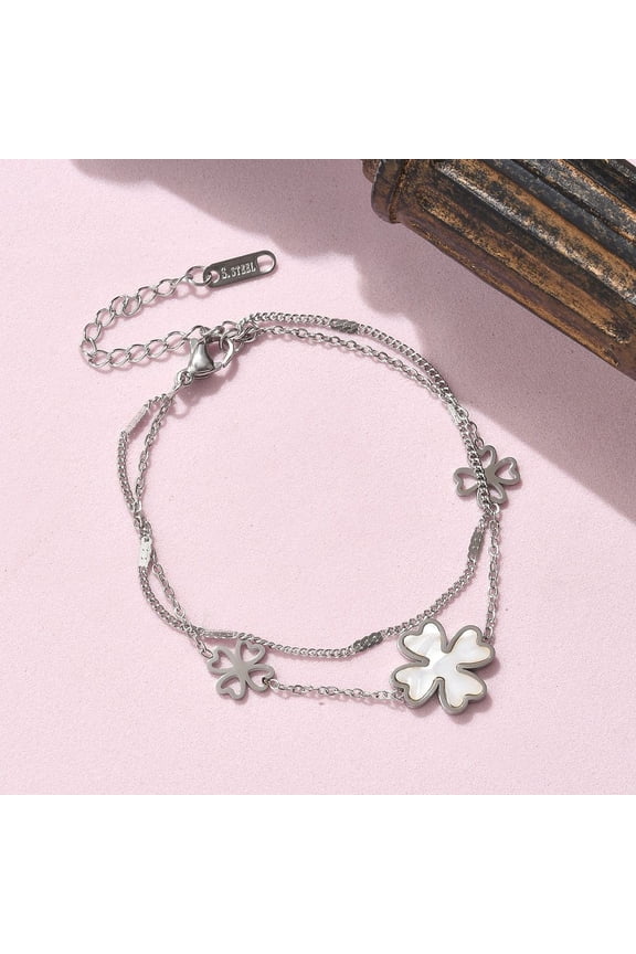 2pcs 304 Stainless Steel Shell Pearl Multi-strand Bracelets Cable & Curn Chain Bracelets for Women Clover Stainless Steel color 6.57 inch(16.7cm)