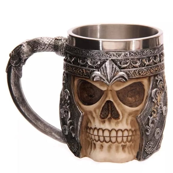 2pcs 304 Stainless Steel Skull Mug Resin Skeleton Viking Beer Cup for Home Decorations Birthday Gift Stainless Steel color 150x140x105mm Inner Diameter: 78mm Capacity: 450ml
