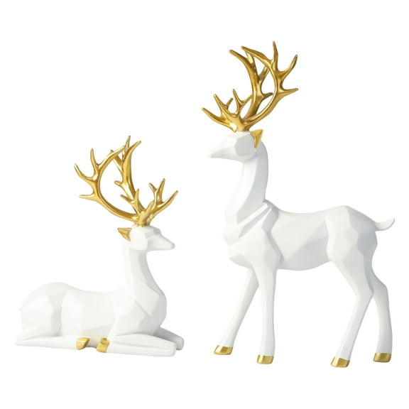 2pcs 3D Geometric Elk Resin Statue, Seated and Standing Elegant Lucky Deer, Luxurious Simple Style Ideas, Modern Home Decor For Living Room, Display Stand