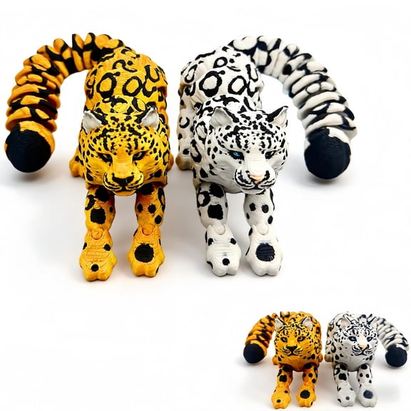 2pcs 3D Printed Animal Snow Leopard Leopard Figurines,Realistic Jointed Creature for Stress Relief & Office Decor, Unique Gift for Lovers