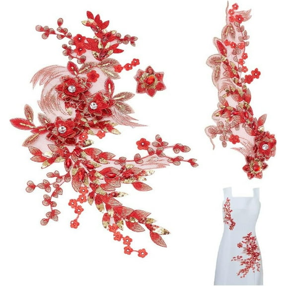 2pcs 3D Red Flowers Beads Patches Embroidery Lace Trims with Sequins Rhinestone Patch for DIY handcrafting