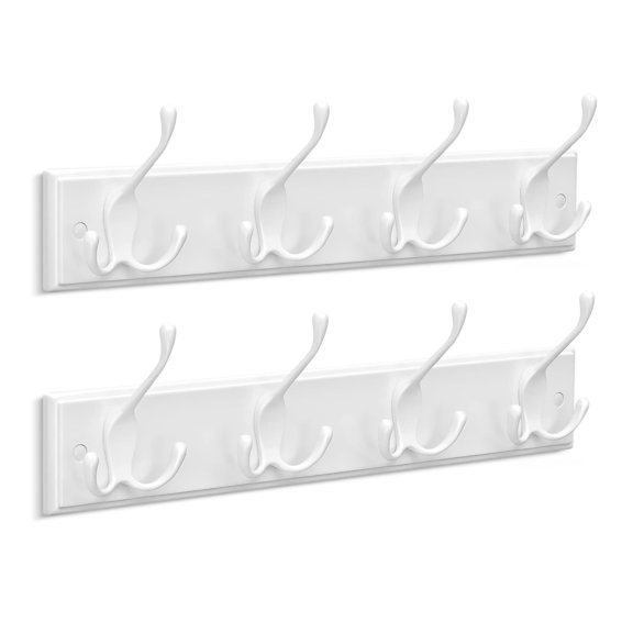 2pcs 4 Triple Hooks Wall Mounted Coat Rack with Metal Hooks, White Wood Entryway Hook Rack, Wall Hooks for Coats, Hats, Bags & Keys, Heavy Duty Coat Hanger for Entryway Bedroom Bathroom
