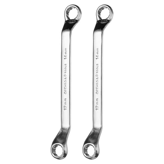2pcs 45 Degree Offset Box End Wrench 12mm x 14mm Metric 12 Point Mirror Chrome Plated Alloy Steel Double Box Wrenches Long Industrial Grade Torx Box Wrench Repair Tool