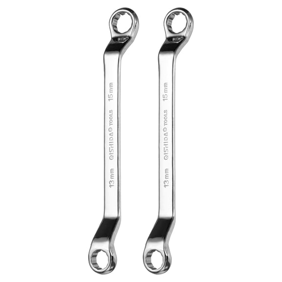 2pcs 45 Degree Offset Box End Wrench 13mm x 15mm Metric 12 Point Mirror Chrome Plated Alloy Steel Double Box Wrenches Long Industrial Grade Torx Box Wrench Repair Tool