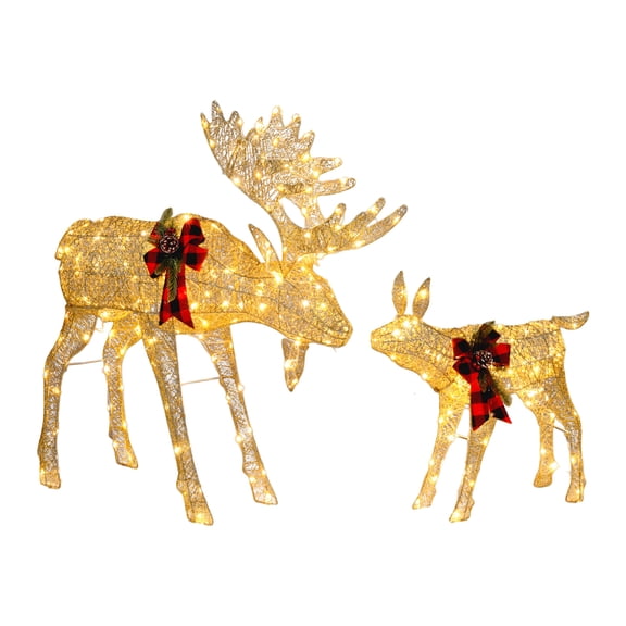2pcs 4ft 30V 3.6W Moose Family 200LED Leather String Light Garden Moose Decoration Golden, Outdoor Yard Decoration Set with 200 LED Lights, Stakes, Zip Ties--Gold