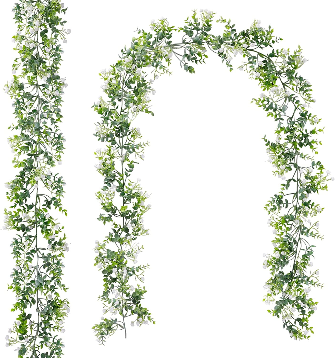 2pcs 5.7ft Eucalyptus Garland with White Flowers, Artificial Greenery