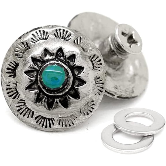 2pcs 5/8 Inch Silver Round Decorative Metal Buttons with Turquoise Dot, Screw Back Closure (CHS03)