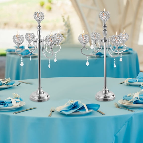 2pcs 5-Arm Bowls Tealight Candelabra Crystal Candle Holders Ornaments Table Centerpieces for Wedding,Christmas Decoration Silver