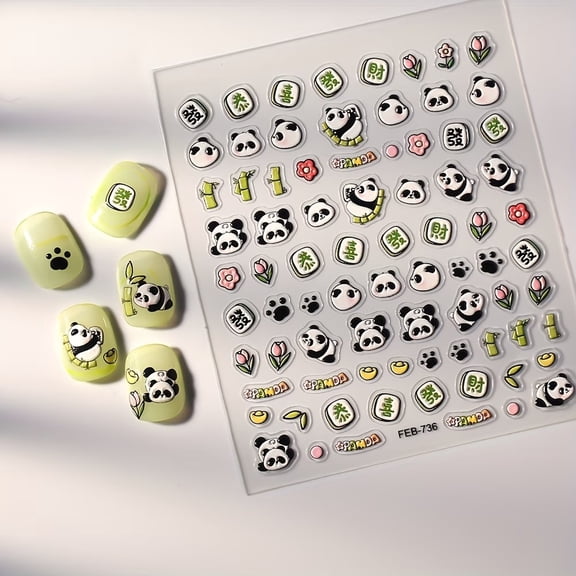2pcs 5D Mahjong Panda Nail Art Stickers - Waterproof Adhesive Decals for Creative Nail Design