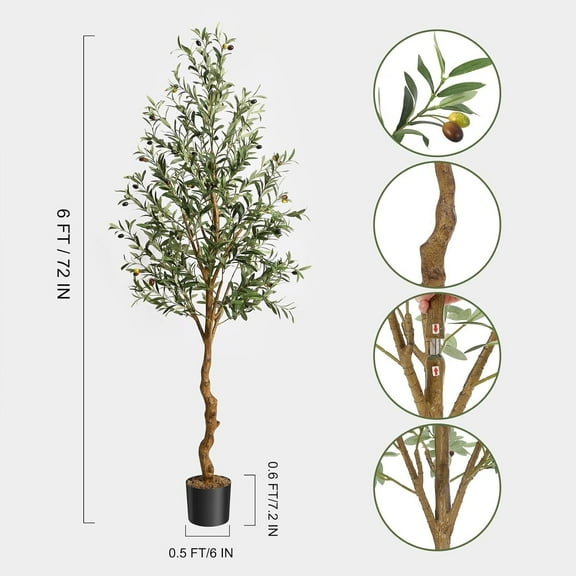 2pcs 6ft (72 inches) Artificial Olive Trees, Imitation Silk Olive Trees for Home Office Living Room Decoration, Indoor Fake Potted Trees with Natural Wood Trunk and Lifelike Fruits