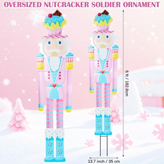 2pcs 6ft Large Pink Metal Christmas Nutcracker Outdoor Decoration Xmas Pastel Candy Cane Theme Nutcracker Yard Signs Christmas Tall Soldier Stakes for Whimsical Garden Lawn Porch Decor
