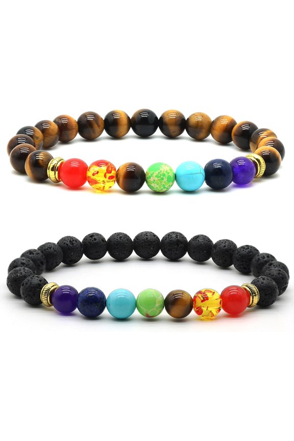 2pcs 7 Chakra Tiger Eye Energy Stone Bracelet Lava Stone Aromatherapy Essential Oil Diffuser Bracelets for Men Women[c67392]